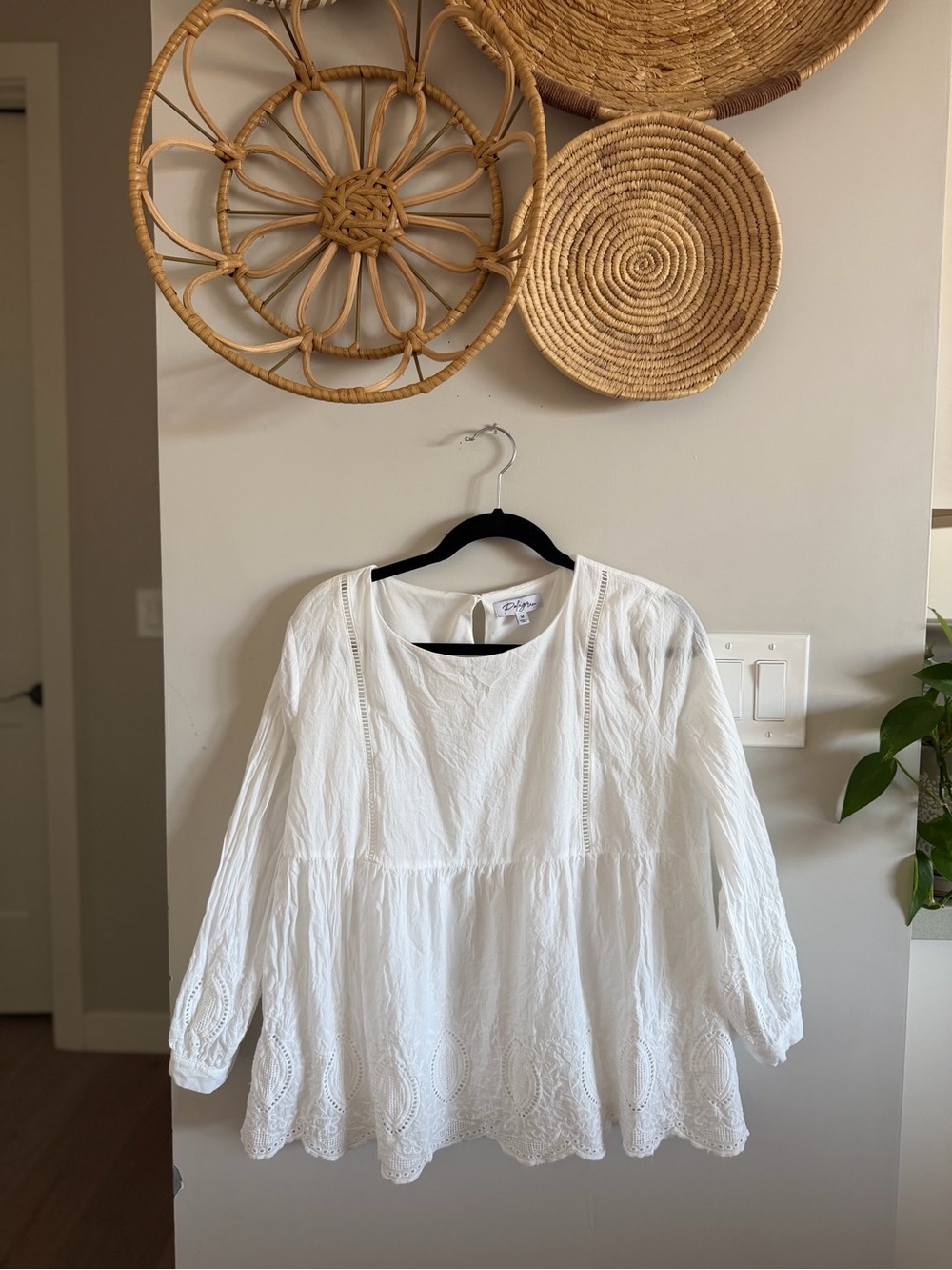 100% Cotton Polagram White Eyelet Peasant Blouse - Women Tops
